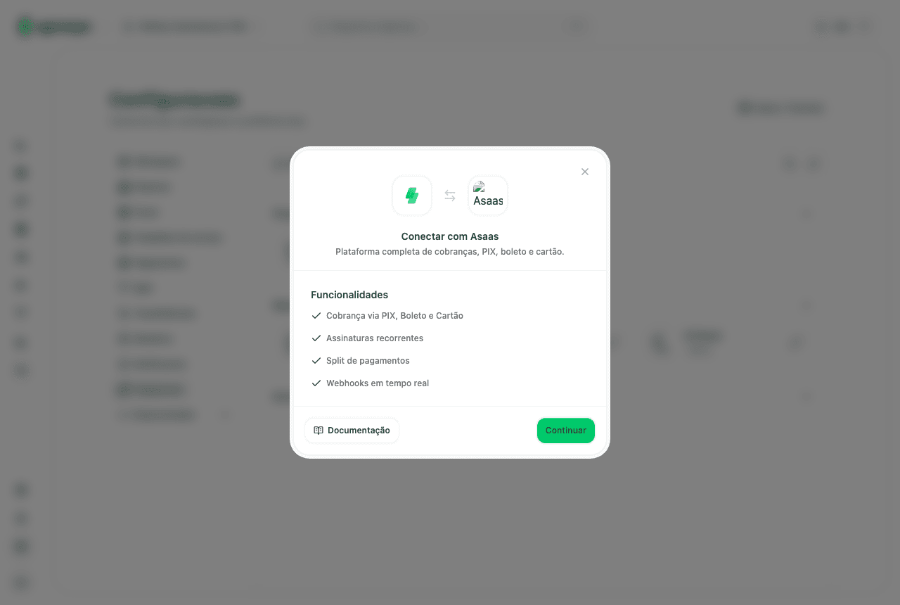 Dialog de conexão da integração Asaas com campo de API Key