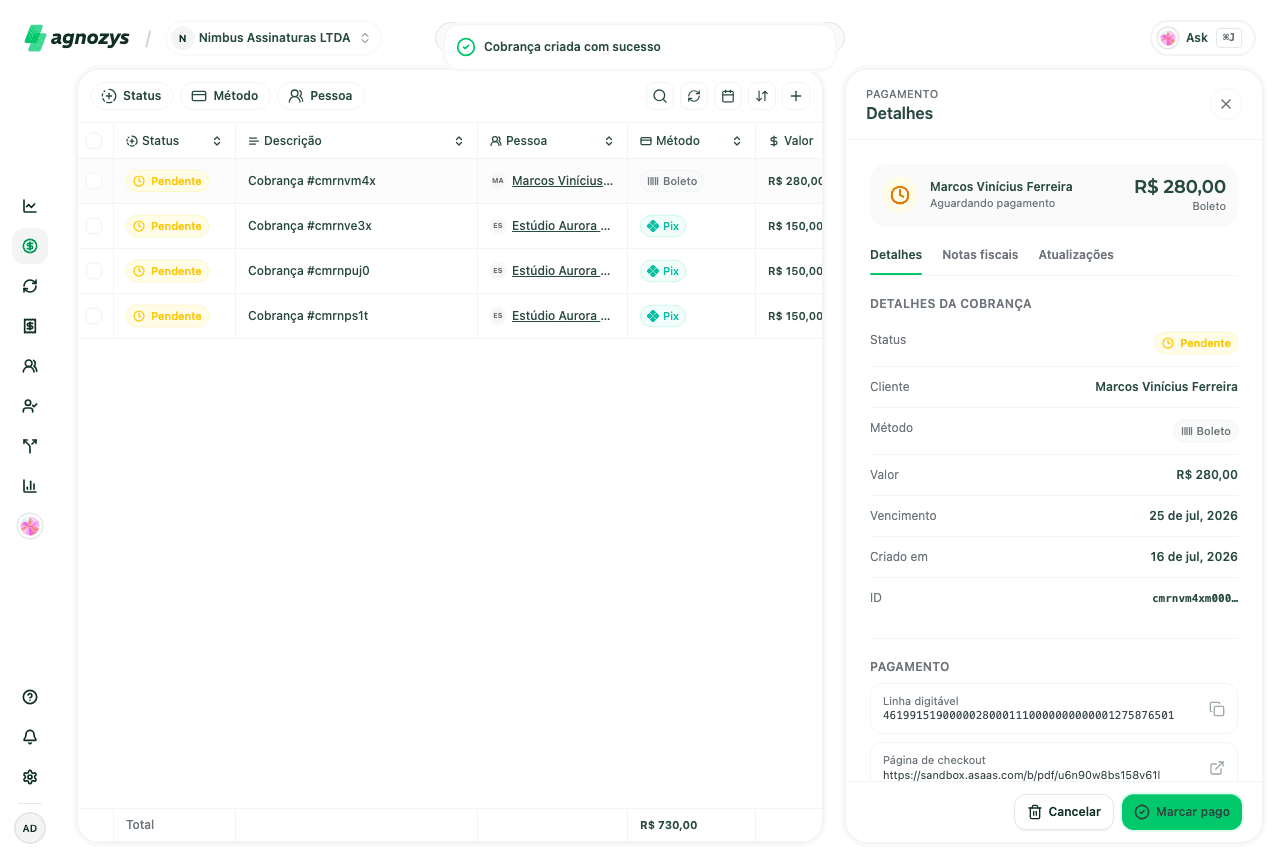 Painel de detalhes da cobrança boleto mostrando linha digitável e link da página de checkout