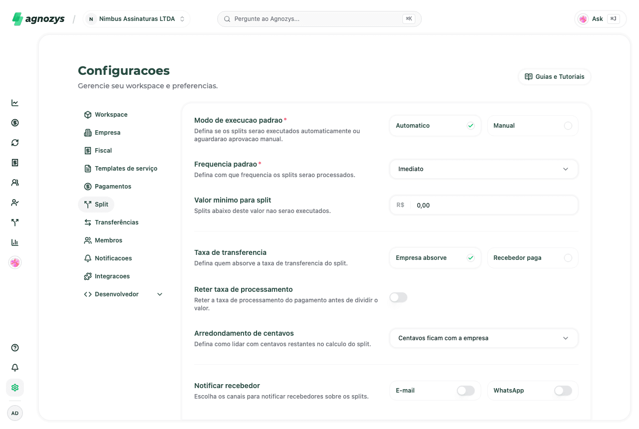 Página de configurações de split com modo de execução, frequência, taxa de transferência e arredondamento