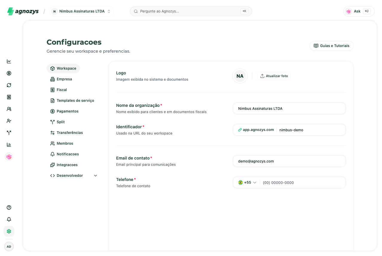 Página de configurações de workspace com logo, nome da organização e identificador
