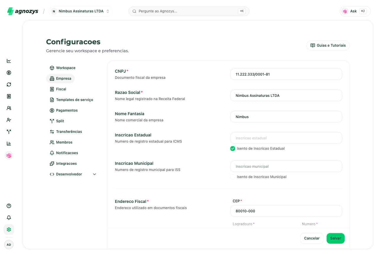 Página de configurações de negócio com CNPJ, razão social, nome fantasia e endereço fiscal