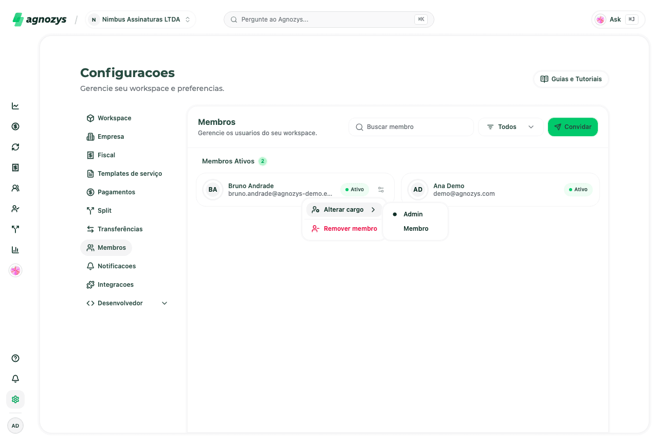 Menu de opções de um membro com submenu Alterar cargo mostrando Admin e Membro