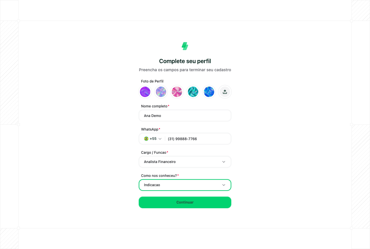 Formulário de perfil do onboarding com nome, telefone, cargo e como conheceu a Agnozys