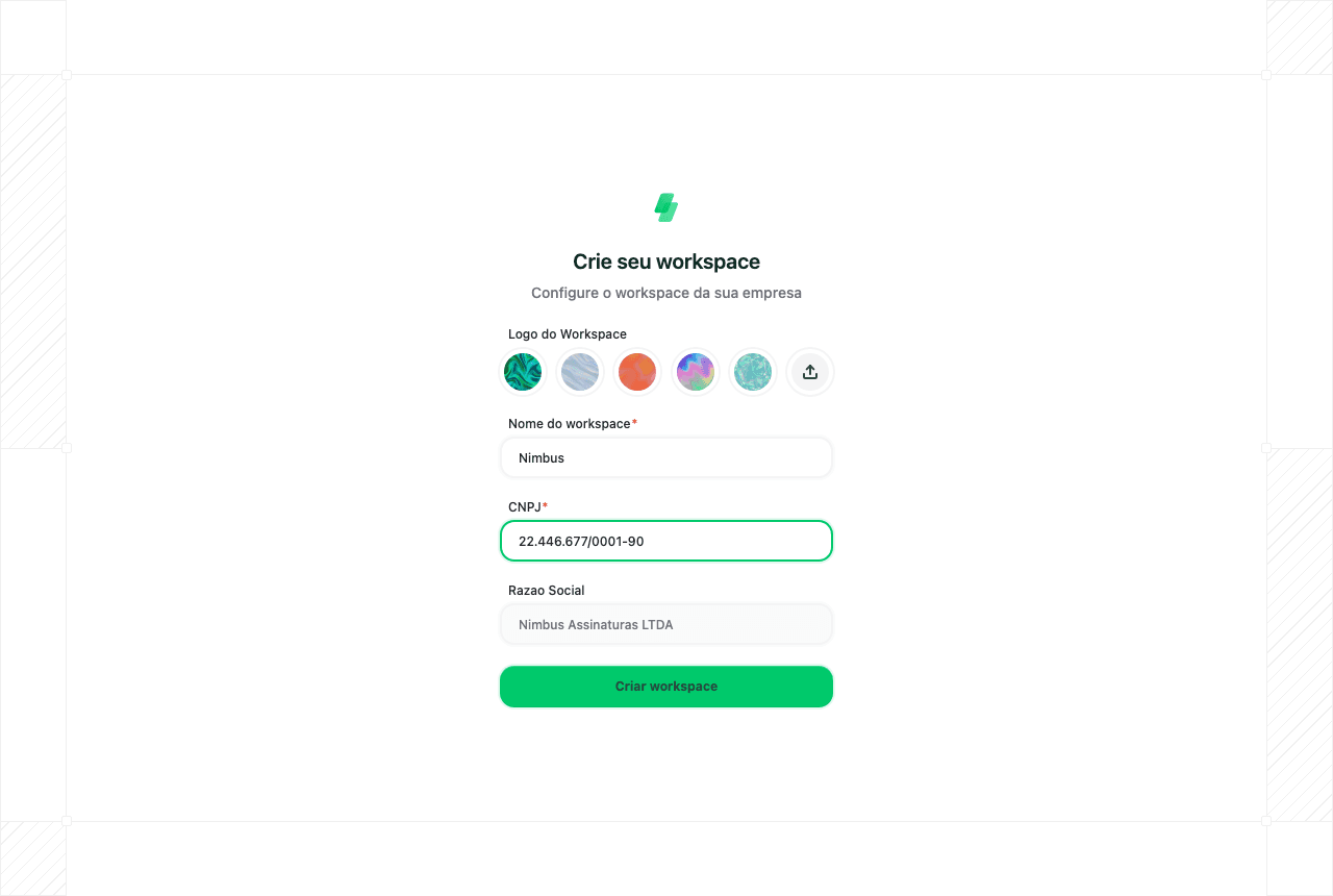 Formulário de criação de workspace com CNPJ preenchido e razão social confirmada
