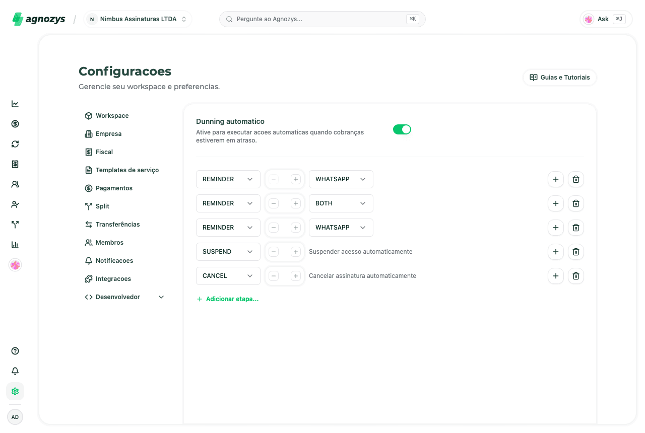 Configurações de régua de cobrança com etapas por dias de atraso, ação e canal