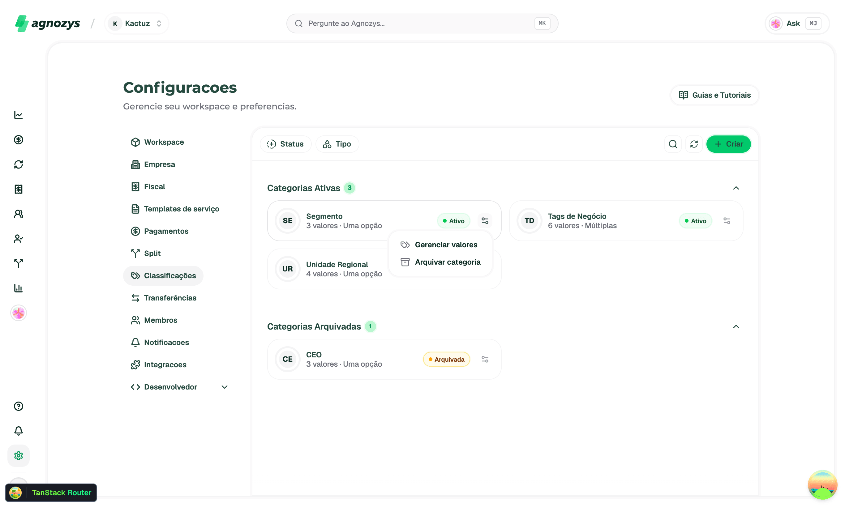 Menu de Ações Rápidas no Card