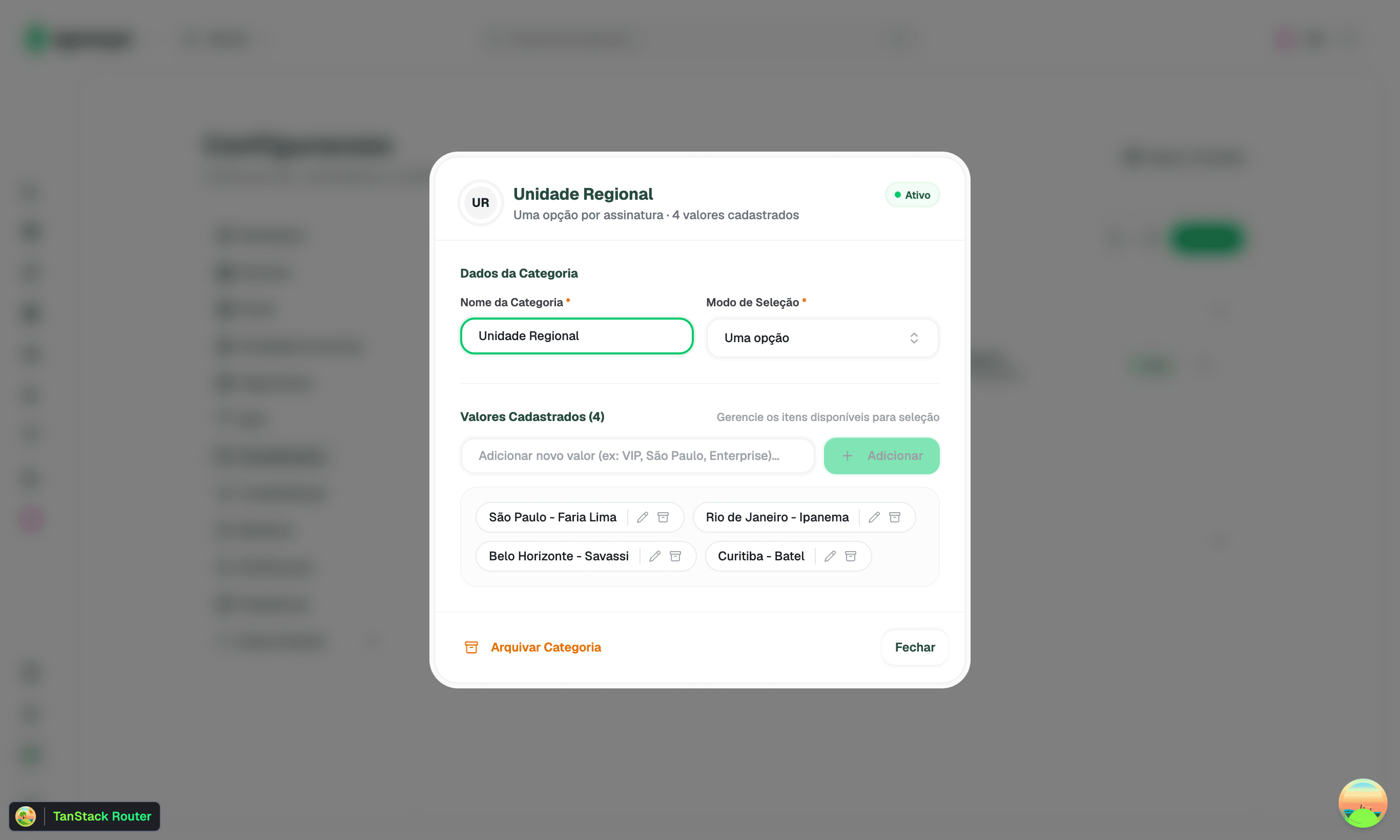 Modal de Gestão de Categoria e Valores
