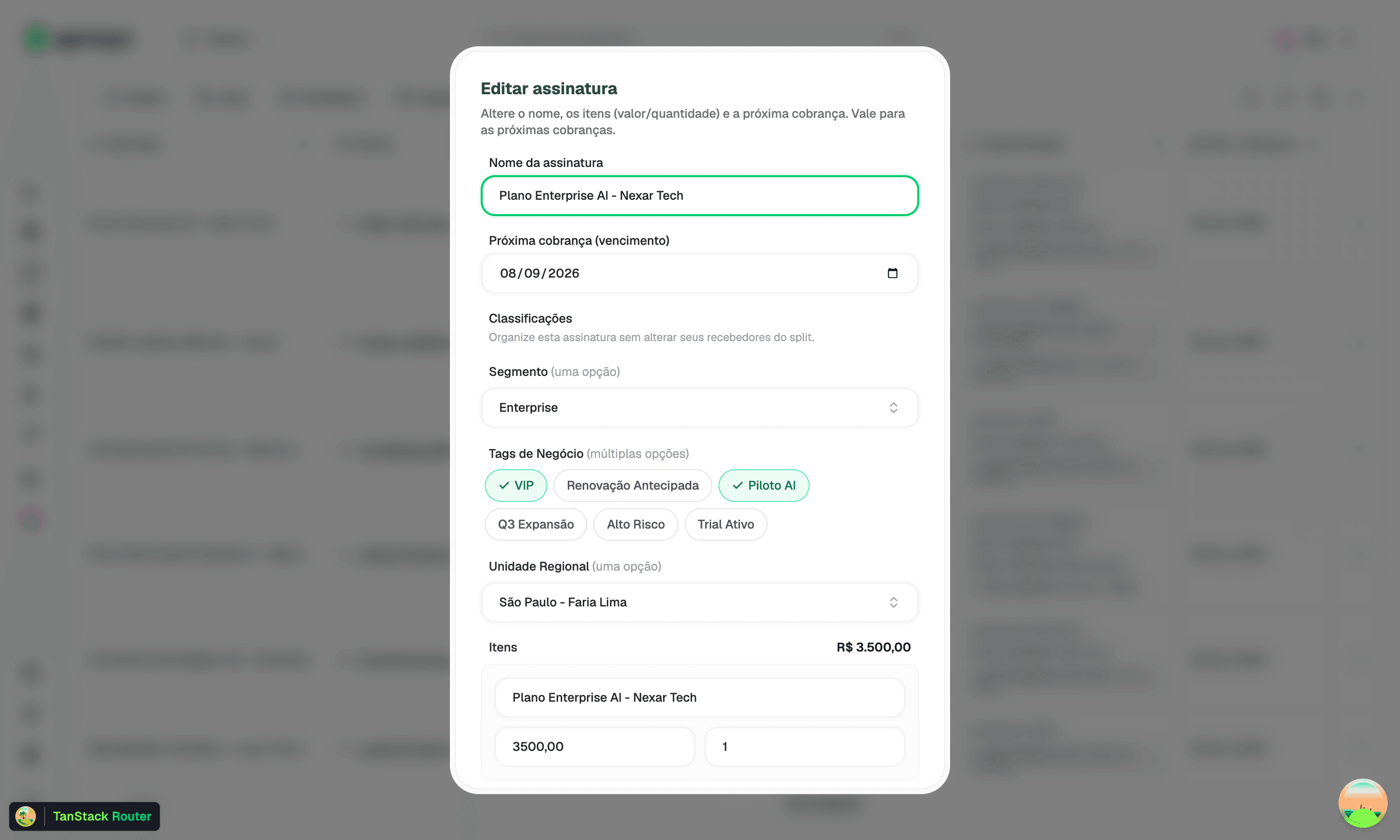 Modal de Edição de Assinatura com Seção de Classificações