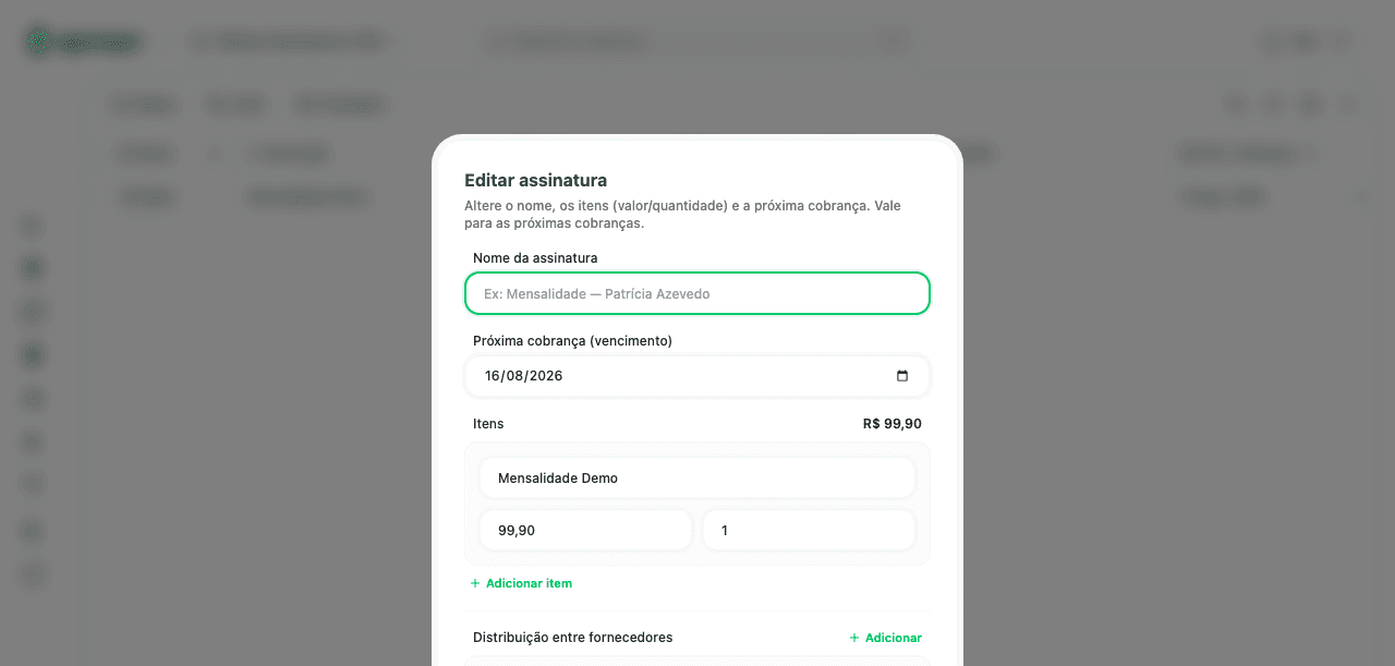 Dialog de edição de assinatura com itens e total recalculado